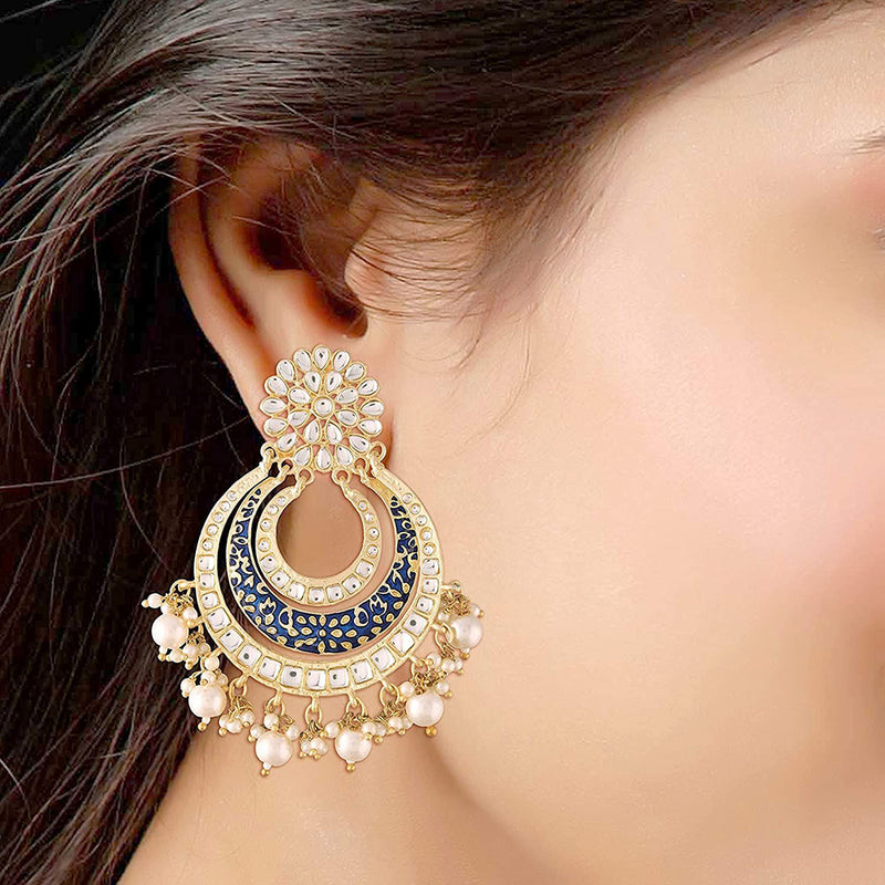 Etnico 18k Gold Plated Enamel/Meenakari Big Chandbali Earrings Glided With Kundan & Pearl for Women (E2860BL)