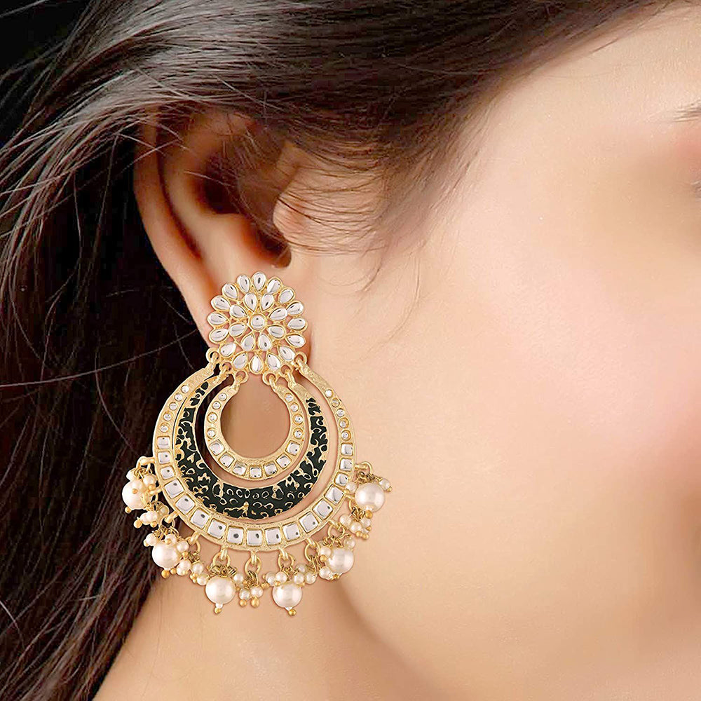 Etnico 18k Gold Plated Enamel/Meenakari Big Chandbali Earrings Glided With Kundan & Pearl for Women (E2860B)