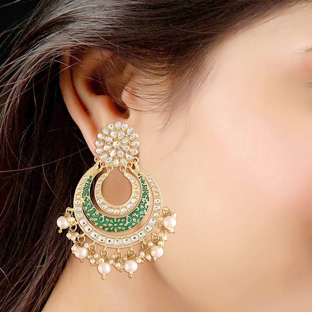 Etnico 18k Gold Plated Enamel/Meenakari Big Chandbali Earrings Glided With Kundan & Pearl for Women (E2860G)