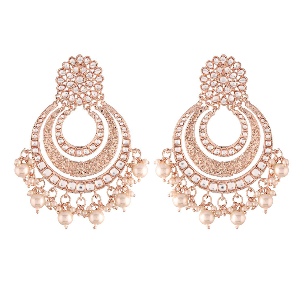 Etnico 18k Rose Gold Plated Big Chandbali Earrings Glided With Kundan & Pearl for Women (E2860RG)