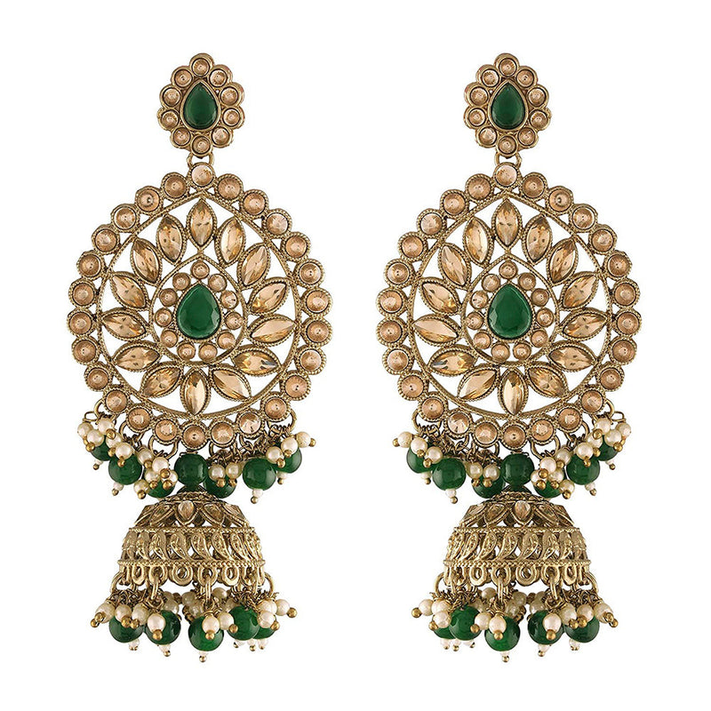 EtnicoWomen's Traditional Gold Plated with Stunning Antique Finish Kundan and Pearl Jhumka Earrings; Green (E2863G)