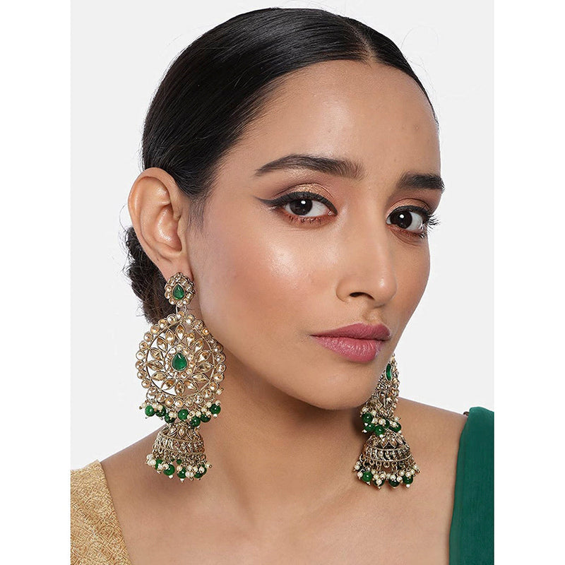 EtnicoWomen's Traditional Gold Plated with Stunning Antique Finish Kundan and Pearl Jhumka Earrings; Green (E2863G)