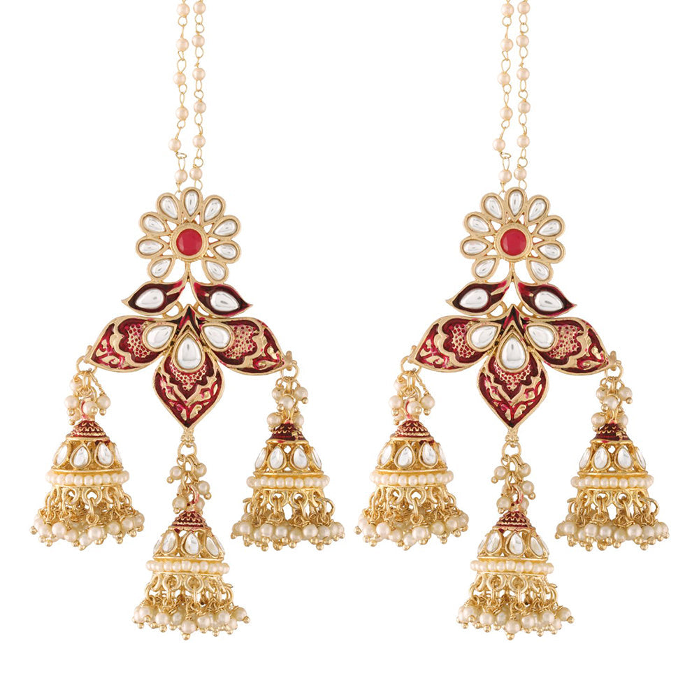 Etnico18K Gold Plated Intricately Designed Traditional with Detachable Hair Chain Encased With Kundans & Pearls Jumki Earrings For Women (E2904M)