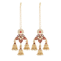 Etnico18K Gold Plated Intricately Designed Traditional with Detachable Hair Chain Encased With Kundans & Pearls Jumki Earrings For Women (E2904M)