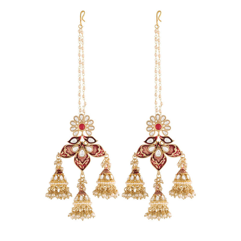 Etnico18K Gold Plated Intricately Designed Traditional with Detachable Hair Chain Encased With Kundans & Pearls Jumki Earrings For Women (E2904M)