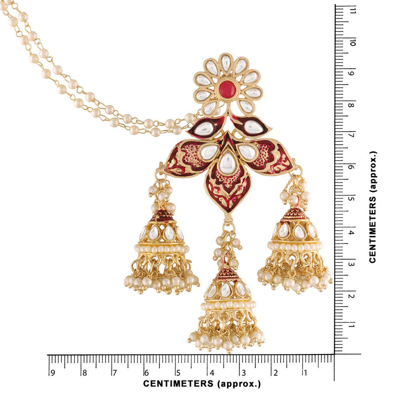 Etnico18K Gold Plated Intricately Designed Traditional with Detachable Hair Chain Encased With Kundans & Pearls Jumki Earrings For Women (E2904M)