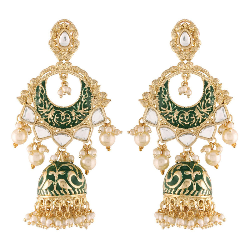 Etnico18K Gold Plated Intricately Designed Traditional Green Enamel Glided With Kundans & Pearls Jumki Earrings For Women (E2905G)