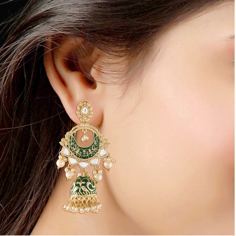 Etnico18K Gold Plated Intricately Designed Traditional Green Enamel Glided With Kundans & Pearls Jumki Earrings For Women (E2905G)