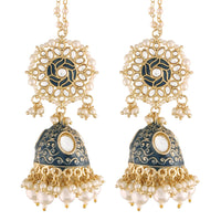 Etnico18K Gold Plated Intricately Designed Traditional with Detachable Hair Chain Encased With Kundans & Pearls Jhumki Earrings For Women (E2906Bl)
