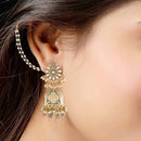 Etnico Gold Plated Alloy Intricately Designed Traditional with Detachable Hair Chain Encased with Kundans and Pearls Jhumka Earrings for Women(E2907Gr)