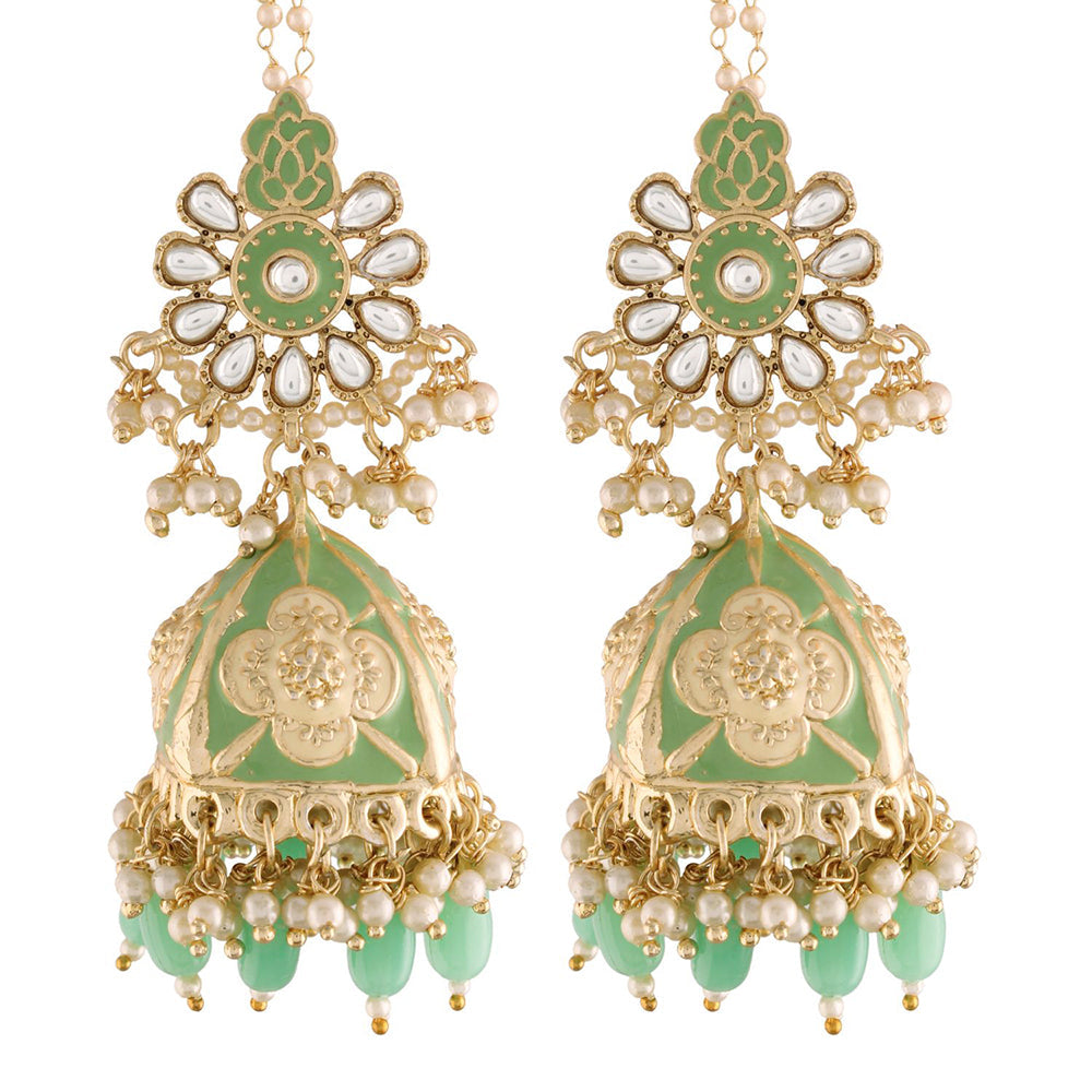 EtnicoWomen's 18K Gold Plated Intricately Designed Traditional with Detachable Hair Chain Encased with Kundans and Pearls Alloy Jhumka Earrings (E2907Min)