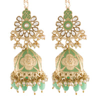 EtnicoWomen's 18K Gold Plated Intricately Designed Traditional with Detachable Hair Chain Encased with Kundans and Pearls Alloy Jhumka Earrings (E2907Min)