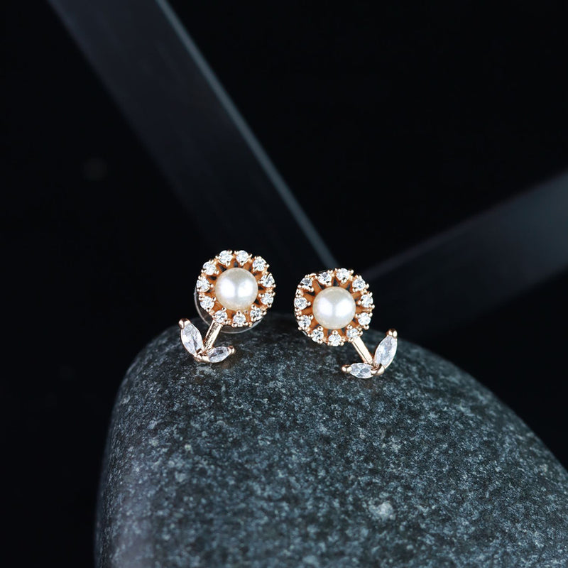 Etnico Valentine's Special Rose Gold Plated & White Floral Studs Earrings for women (E2971)