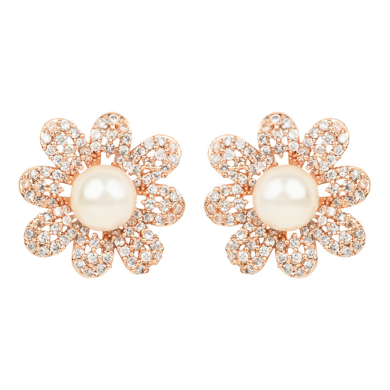 Etnico Valentine's Special Rose Gold-Plated & White Floral Studs Earrings for Women (E2974)