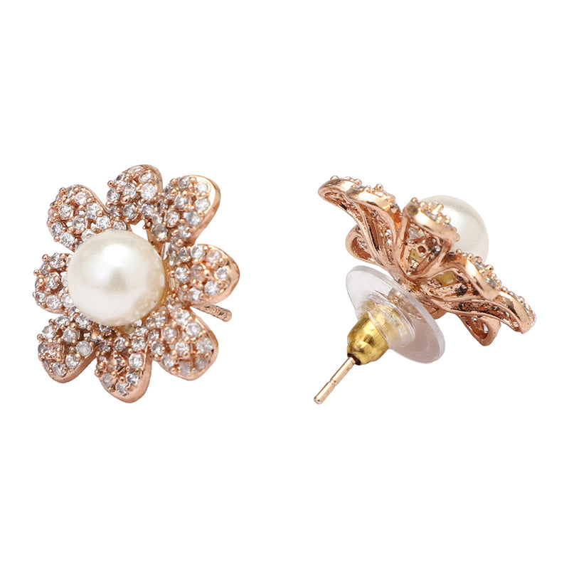 Etnico Valentine's Special Rose Gold-Plated & White Floral Studs Earrings for Women (E2974)