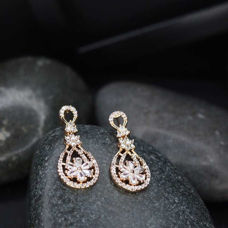 Etnico Valentine's Special Rose Gold Plated & White AD Studded Drop Earrings for Women (E2976)