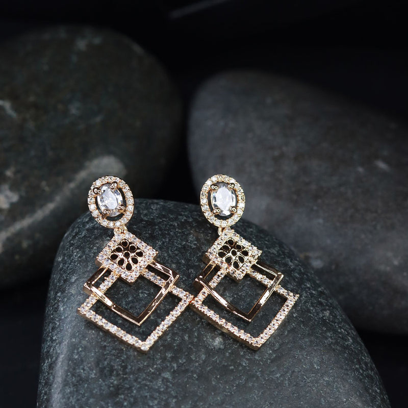 Etnico Valentine's Special Rose Gold Plated & White AD Studded Drop Earrings for Women (E2977)