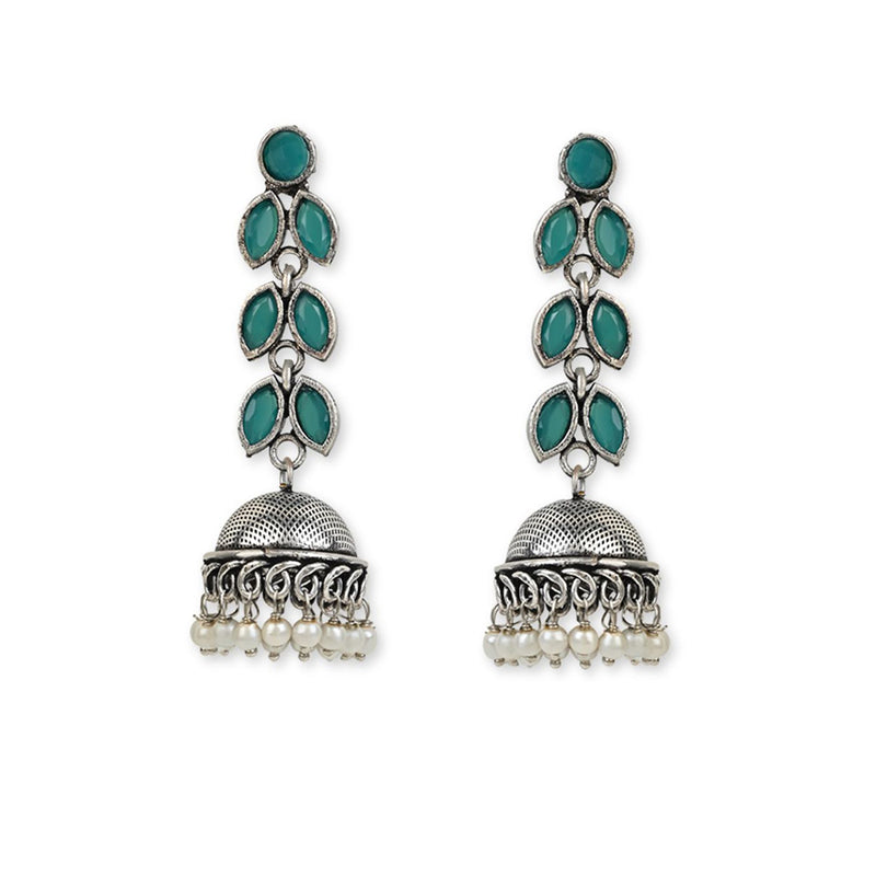 Etnico Silver Oxidised Traditional Kundan & Stone Studded Jhumka Earrings For Women (E2979ZG)
