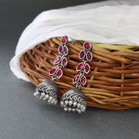 Etnico Silver Oxidised Traditional Kundan & Stone Studded Jhumka Earrings For Women (E2979ZQ)