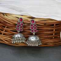 Etnico Silver Oxidised Traditional Kundan & Stone Studded Jhumka Earrings For Women (E2980ZQ)