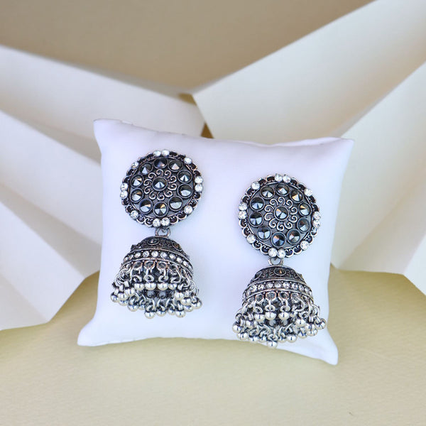 Etnico Silver Oxidised Traditional Kundan & Stone Studded Jhumka Earrings For Women (E3062OX)
