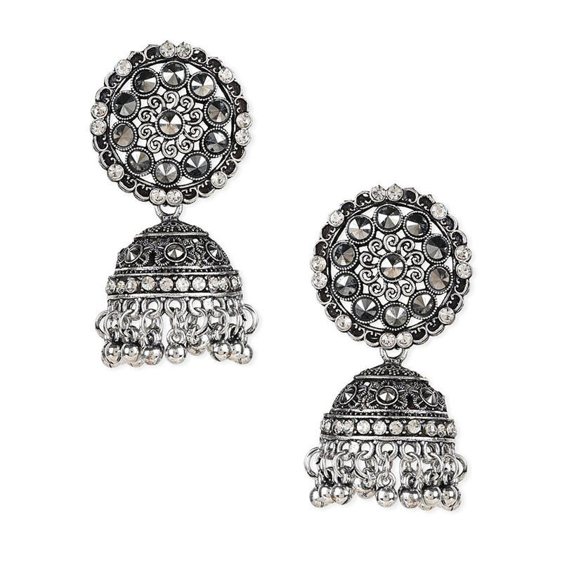 Etnico Silver Oxidised Traditional Kundan & Stone Studded Jhumka Earrings For Women (E3062OX)