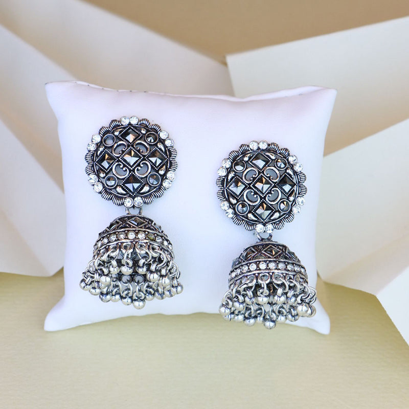 Etnico Silver Oxidised Traditional Kundan & Stone Studded Jhumka Earrings For Women (E3064OX)