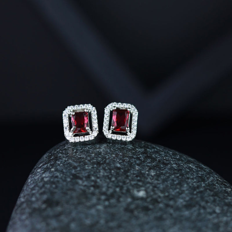 Etnico Valentine's Special Silver Plated Red CZ & American Diamond Beautiful Studs Earrings for Women / Girls (E3066ZR)