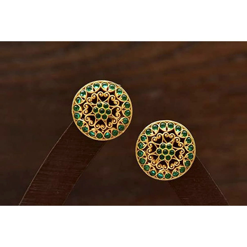 Etnico 18k Gold Plated Round Green Stone Handcraft Stud Earring for Women (E519)