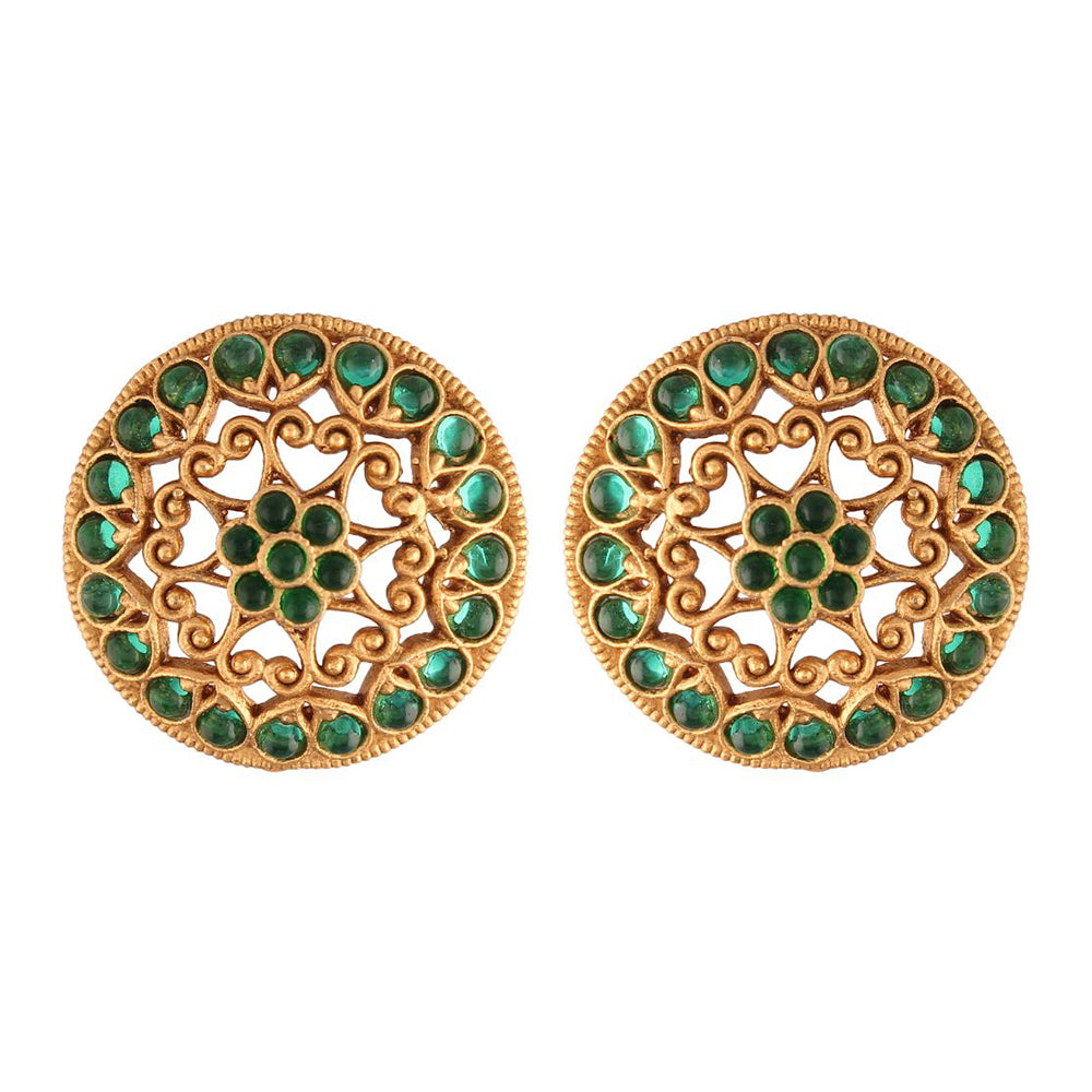 Etnico 18k Gold Plated Round Green Stone Handcraft Stud Earring for Women (E519)