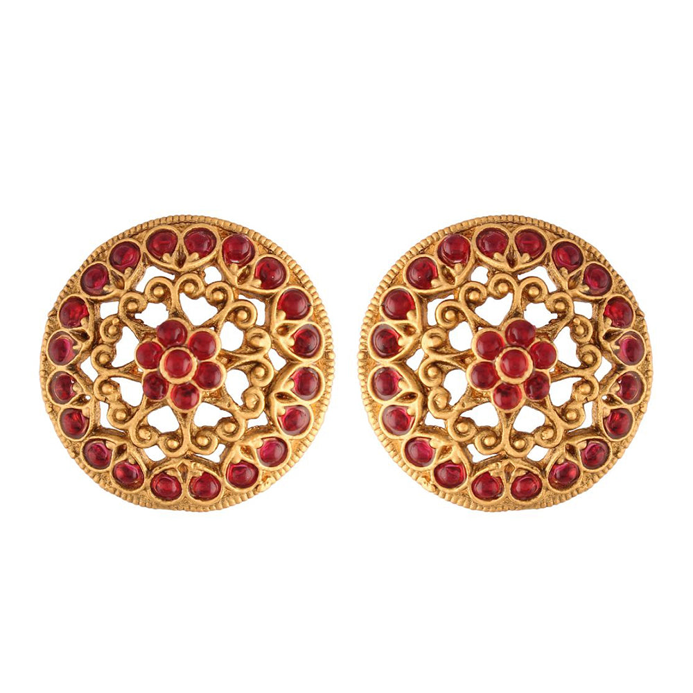 Etnico 18k Gold Plated Round Ruby Stone Handcraft Stud Earring for Women (E520)