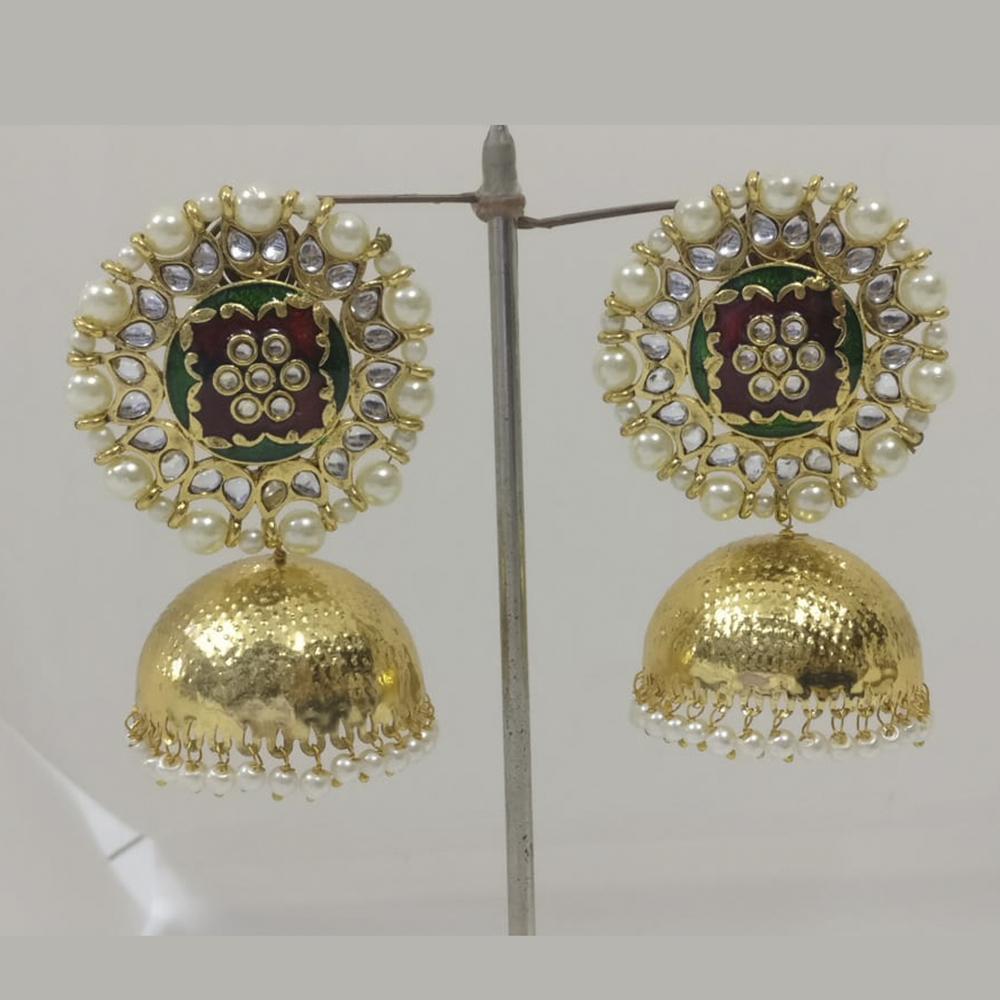 Midas Touch Gold Plated Green Meenakari And Kundan Jhumki Earrings - E6035