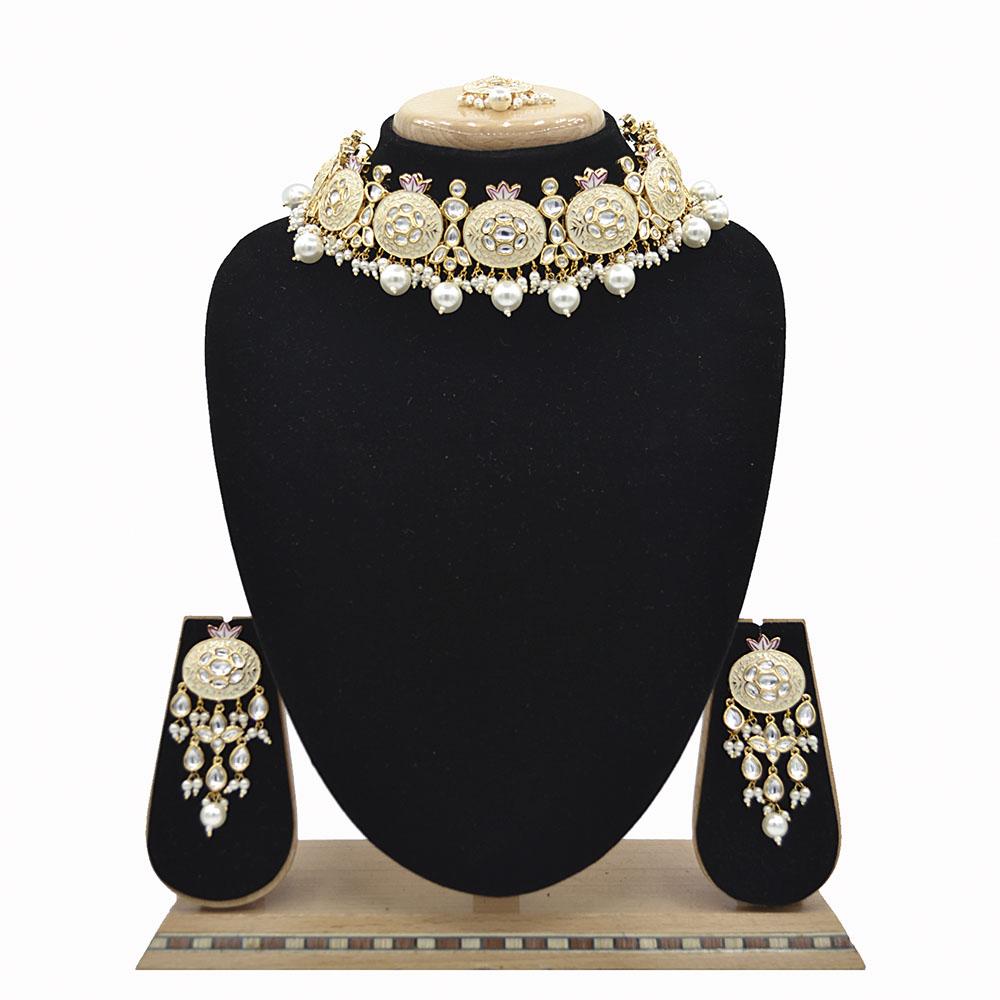 Emerald White Kundan & Pearl Minakari Necklace Set - EJKM0051