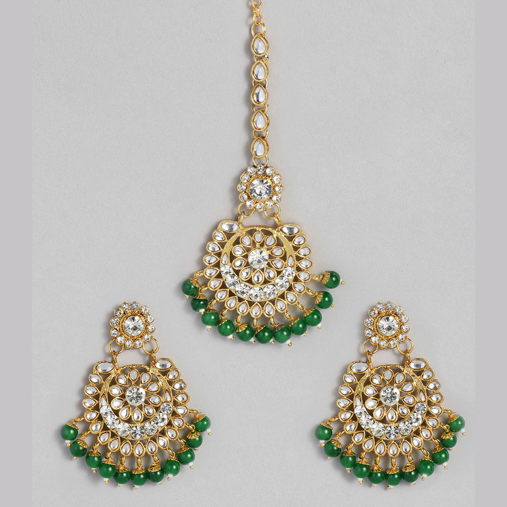 Kord Store Gold Tone Kundan And Green Beads Traditional Earring Maang Tikka Set For Women