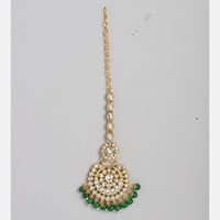 Kord Store Gold Tone Kundan And Green Beads Traditional Earring Maang Tikka Set For Women