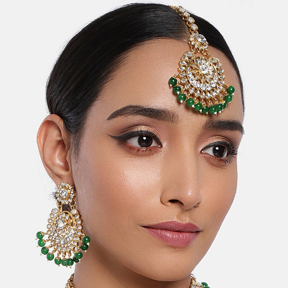 Kord Store Gold Tone Kundan And Green Beads Traditional Earring Maang Tikka Set For Women