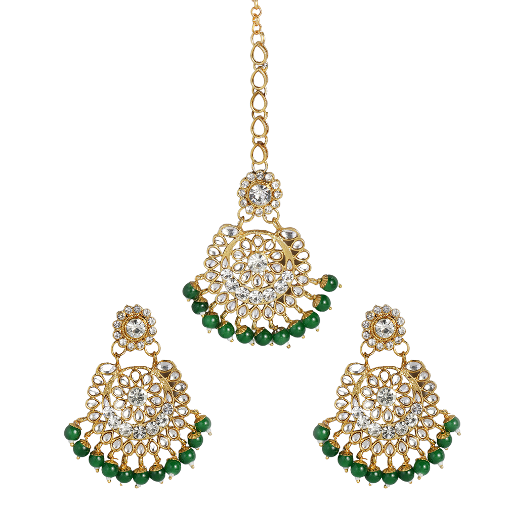 Kord Store Gold Tone Kundan And Green Beads Traditional Earring Maang Tikka Set For Women