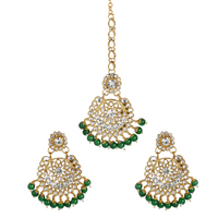 Kord Store Gold Tone Kundan And Green Beads Traditional Earring Maang Tikka Set For Women
