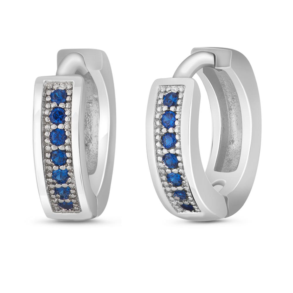 Mahi Rhodium plated Small Single line Blue CZ stone Huggies Hoops Earrings for Women