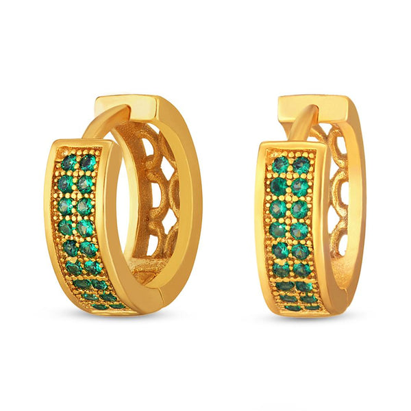 Mahi Gold plated Medium Double line Green CZ stone Huggies Hoops Earrings for Women