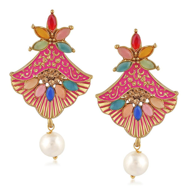 Mahi Meenakari Work Floral Dangler Earrings with Crystal and Artificial Pearl for Womens (ER1109671G)