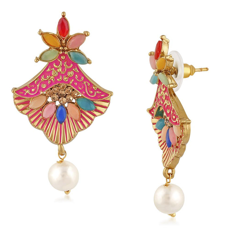 Mahi Meenakari Work Floral Dangler Earrings with Crystal and Artificial Pearl for Womens (ER1109671G)