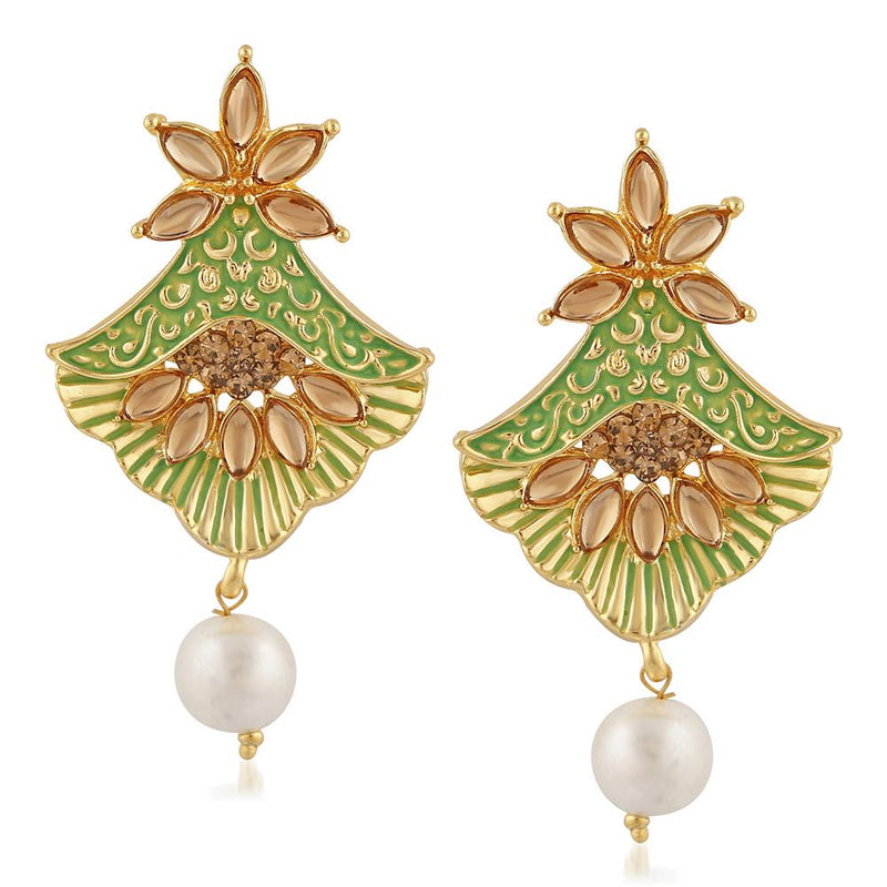 Mahi Meenakari Work Floral Dangler Earrings with Crystal and Artificial Pearl for Womens (ER1109674G)