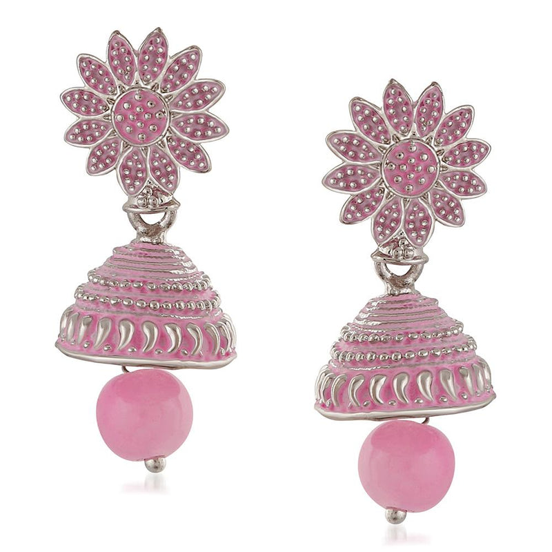 Mahi Meenakari Work Light Pink Artificial Bead Floral Jhumka Drop Earrings for Women (ER1109687R)