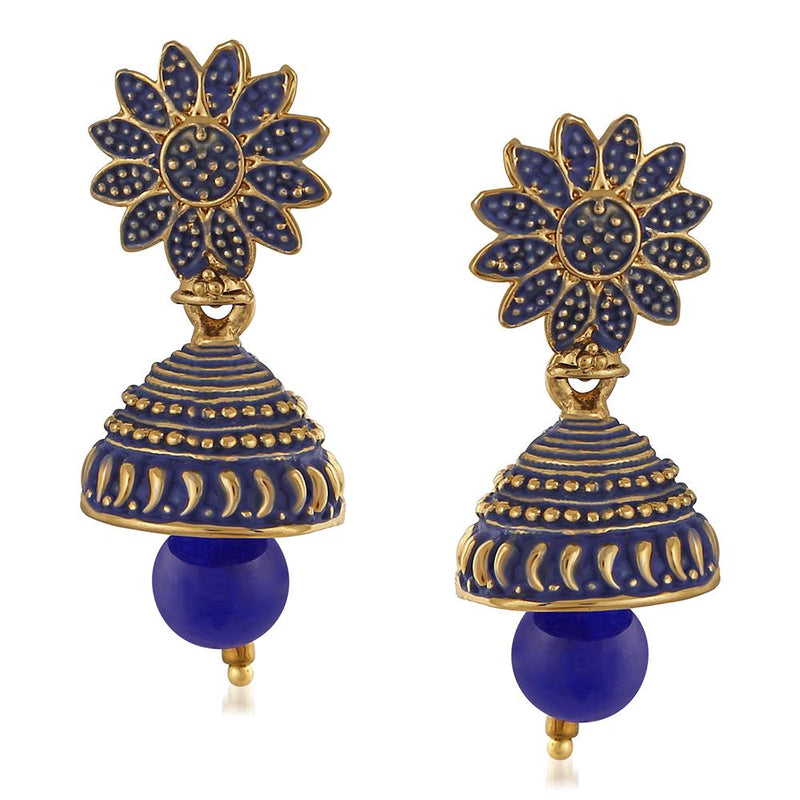 Mahi Meenakari Work Blue Artificial Bead Floral Jhumka Drop Earrings for Women (ER1109690G)