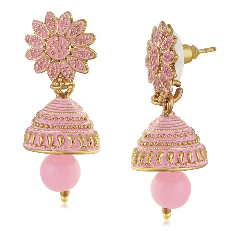 Mahi Meenakari Work Light Pink Artificial Bead Floral Jhumka Drop Earrings for Women (ER1109693G)