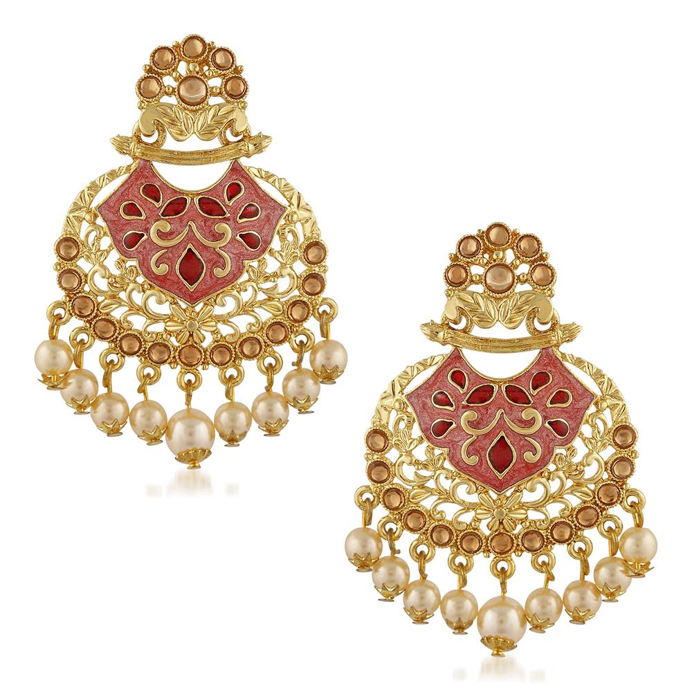 Mahi Traditional Dangler Earrings with Artifical Pearl Red Meenakariwork for Women (ER1109704G)