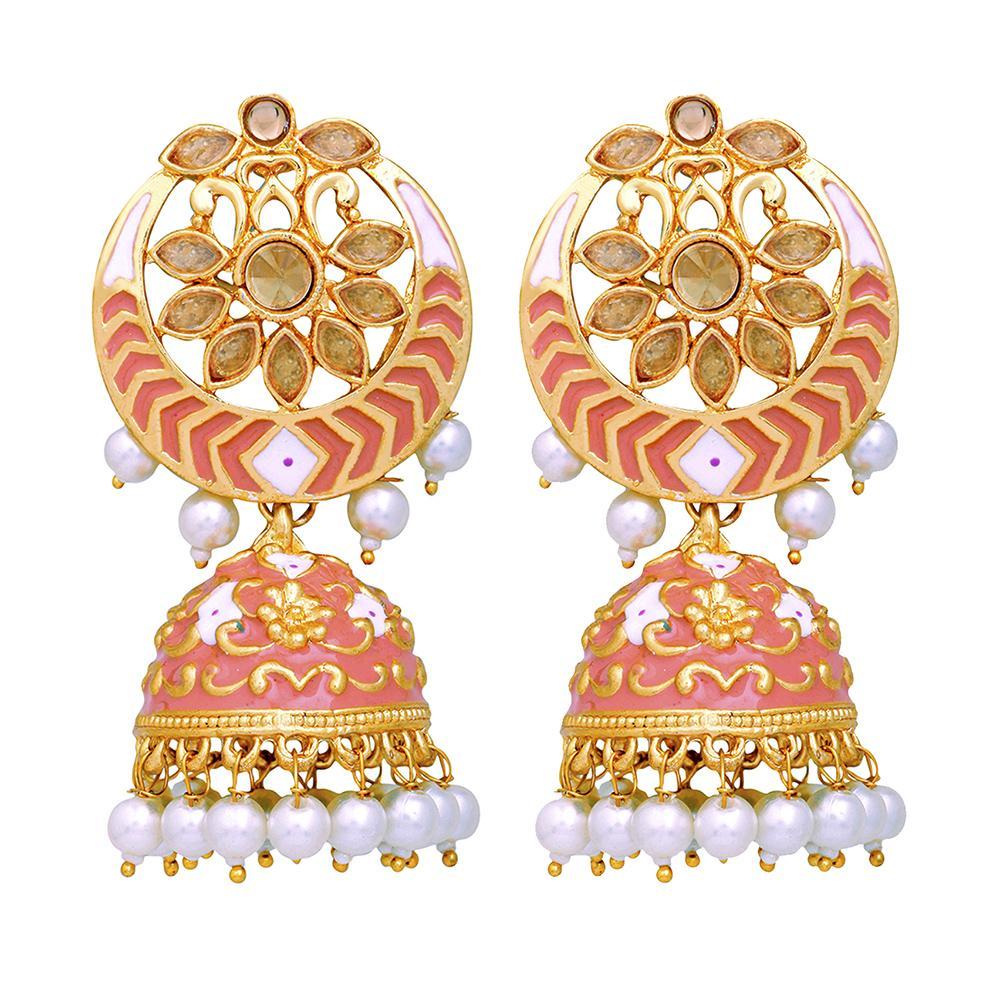 Mahi Carrot Pink Meenakari Work Enamelled Artificial Pearl Jhumki Earrings for Women (ER1109709GCrt)