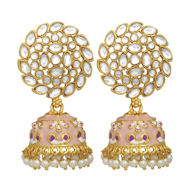 Mahi Pink Meenakari Work Enamelled Kundan and Artificial Pearl Jhumki Earrings for Women (ER1109713GPin)