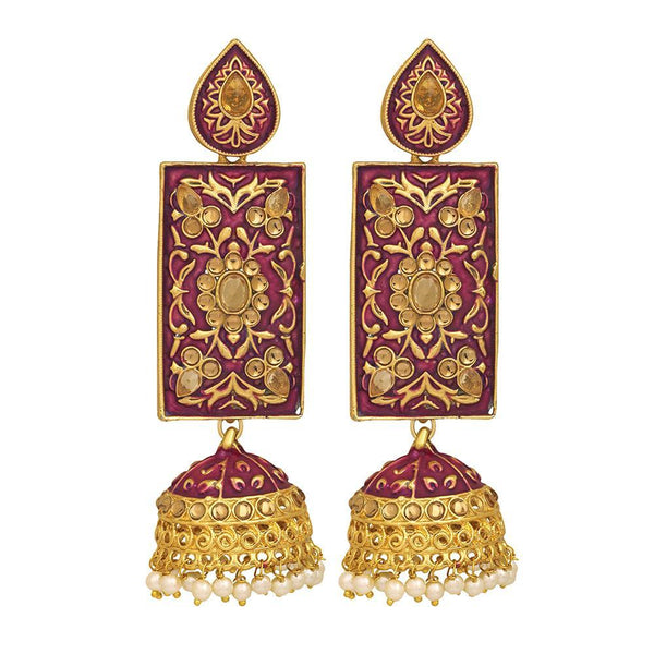 Mahi Maroon Meenakari Work Enamelled Rectangular Dangle Jhumka Earrings with Artificial Pearl for Women (ER1109714GMrn)